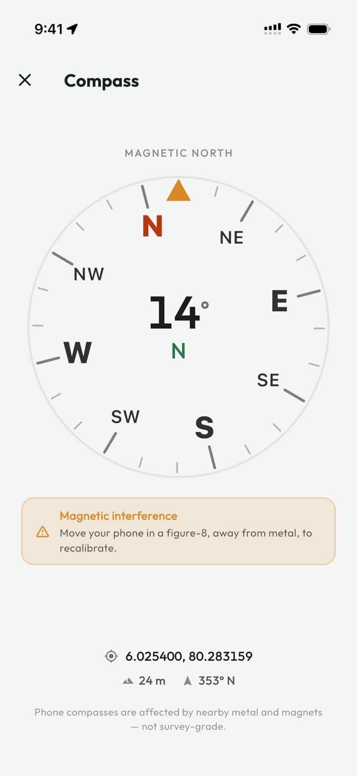 The field compass overlay with a bearing readout