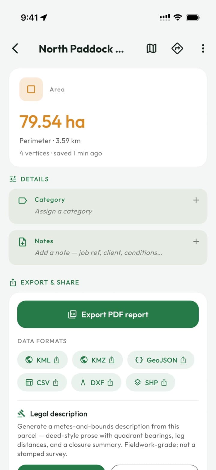 A saved measurement's details: area, perimeter, category, notes and export options