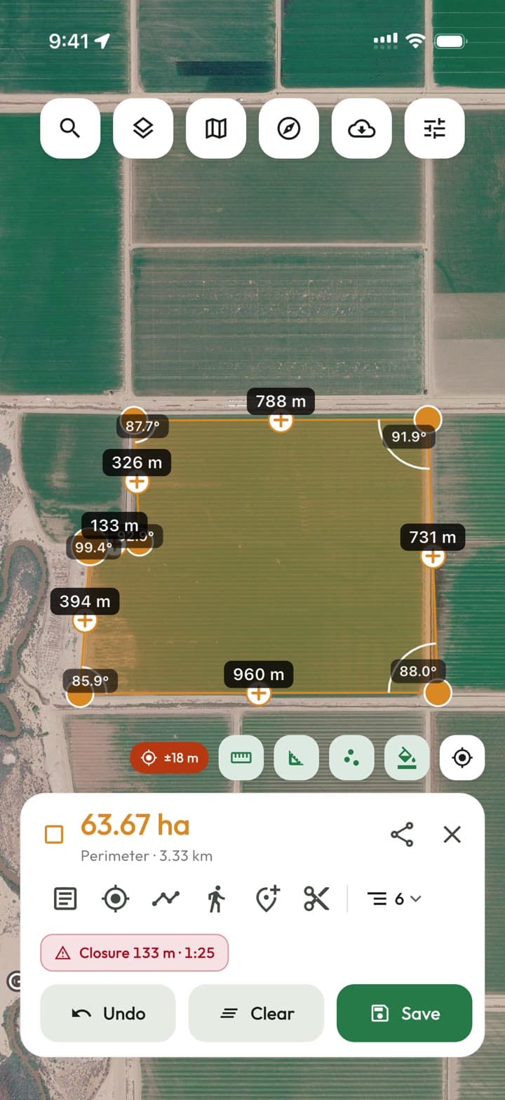 A field boundary measured on satellite imagery, with edge lengths and the total area