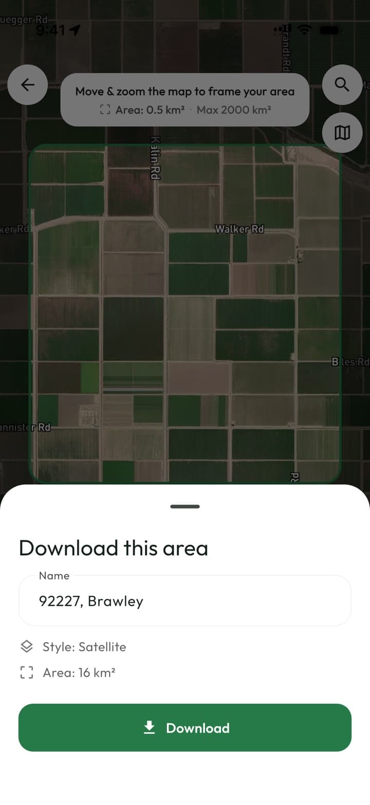 Choosing an area of map to download for offline use