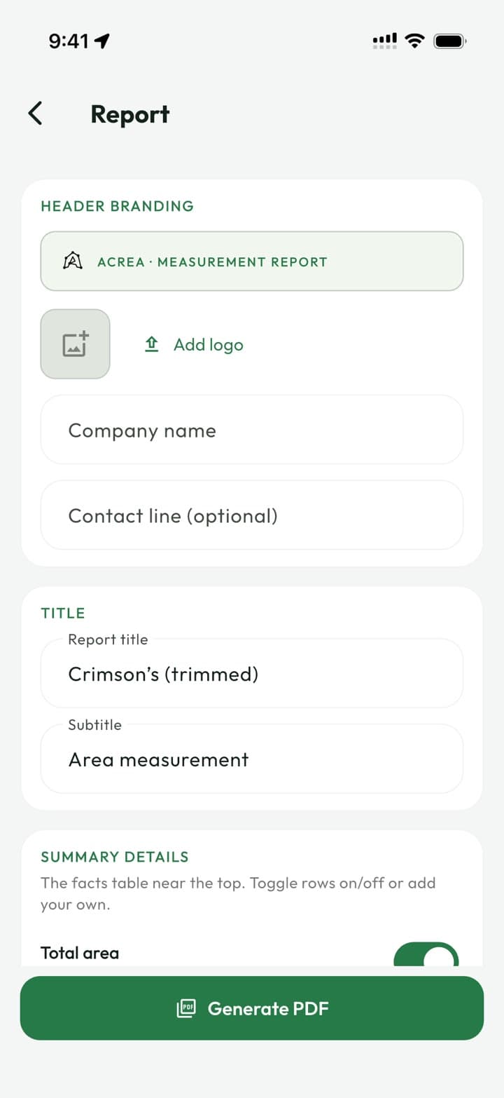 The PDF report builder with company branding and summary options