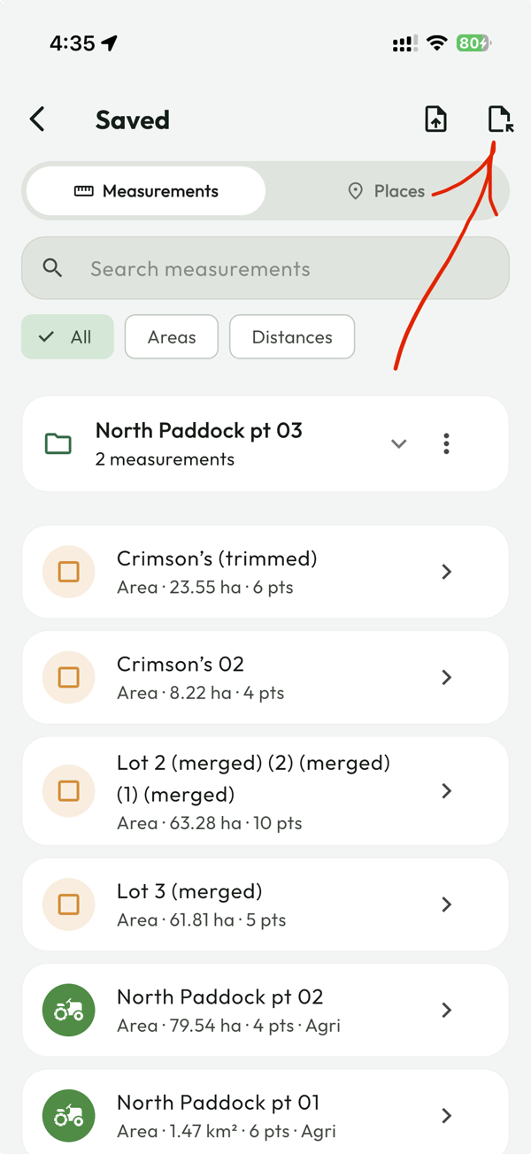 Start an import from the Saved hub — tap the import icon (circled) in the app bar. You can also import from Settings → Data or the empty-measurements state.