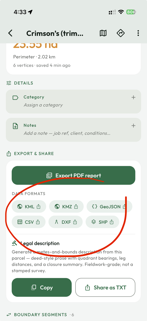 The Export & share card on the detail screen — the “Export PDF report” button and the KML / KMZ / GeoJSON / CSV / DXF / SHP format chips (circled).