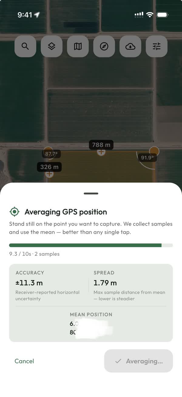 The GPS-averaging sheet — it collects samples over a few seconds and keeps “use averaged point” disabled until the fix is tight enough.