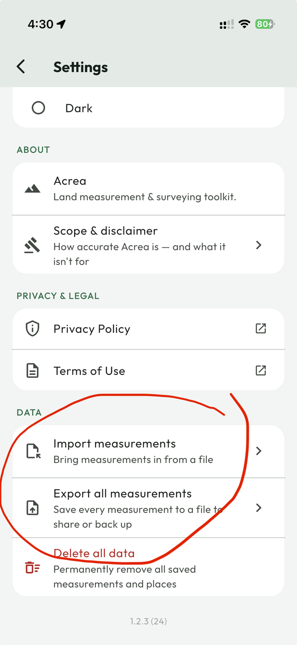 The Settings screen — here the Data section, where you can import measurements or export all of them (circled).