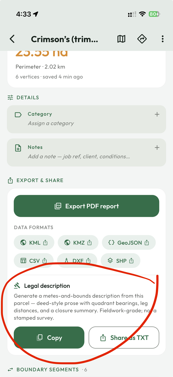 The legal-description card (circled) on the detail screen, with the metes-and-bounds text and the Copy / Share as TXT actions.